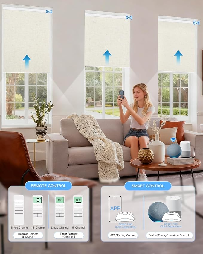 Tokblind Motorized Roller Shade with Remote Control, Blackout Electric Shade for Windows Compatible with Alexa Google via Hub, Rechargeable Smart Window Blind for Home Office (Texture Beige)