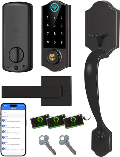 Fingerprint Smart Door Lock for Front Door with Handle Set, App Control, Keyless Entry Keyless Deadbolt, Digital Electronic Touchscreen Keypad, Auto Lock, Aged Bronze