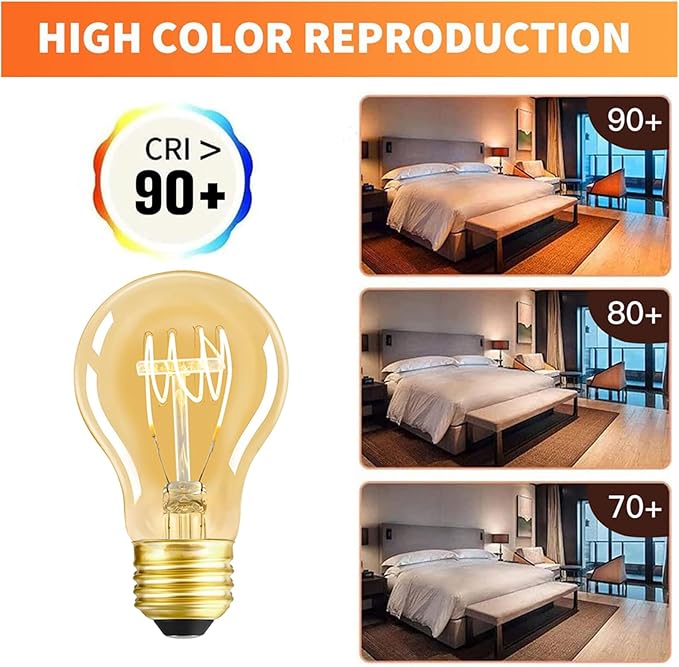 Dimmable LED Edison Light Bulbs 4W 40 Watt Vintage Warm A19 E26 2200K Light Bulbs Antique Spiral Decorative Amber Light Bulbs, CRI 90+, Pack of 2