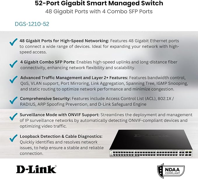 D-Link Systems 52-Port Gigabit Web Smart Switch including 4 Gigabit SFP Ports (DGS-1210-52)