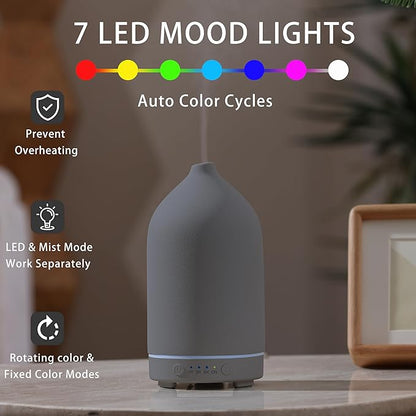 Gooamp 200ML Ceramic Essential Oil Diffuser - Ultrasonic Aromatherapy & Humidifier with 7-Color LED Lights, Auto Shut-Off, Grey, 1H/3H/6H Timer | Scent for Home,Office,Yoga