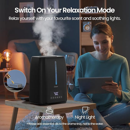 6L Top Fill Ultrasonic Humidifier - Cool and Warm Mist for Bedroom, Baby, Large Rooms & Plants, Smart Humidity Control, Aroma Diffuser, Night Light, 12H Timer, Quiet, Black