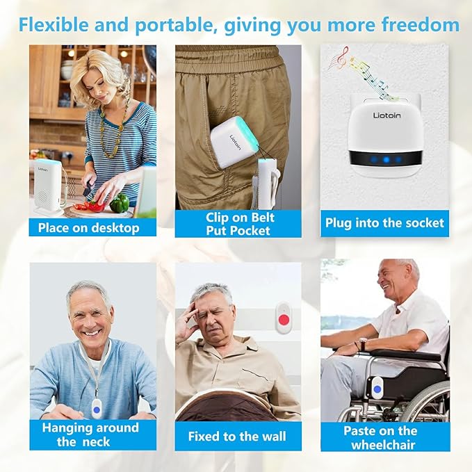 Wireless Caregiver Pager Call Button Alert Button Call Bell for Elderly Patients at Home Nurse Alert System 2 Waterproof Transmitters 1 Portable Receiver 2 plugin Receiver……
