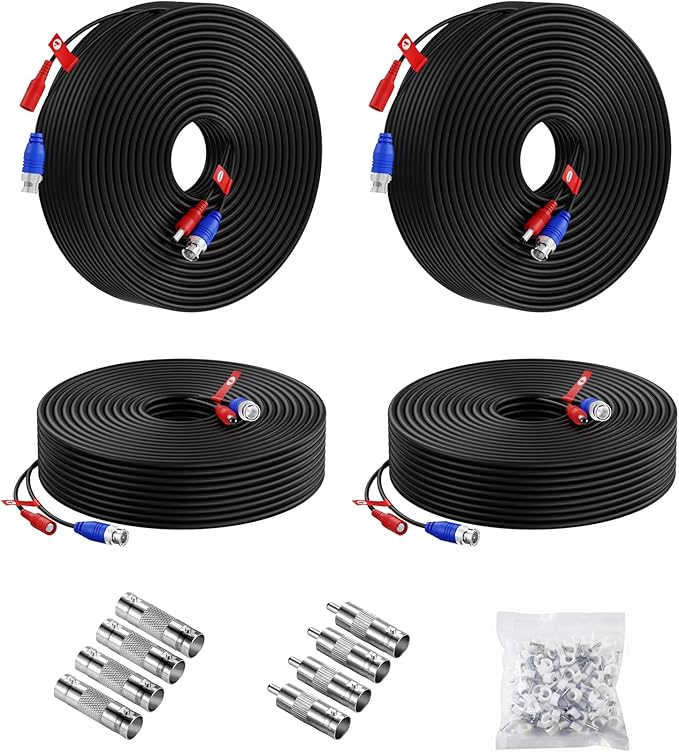Anlapus 4 Pack 100ft/30m All-in-One Video Power Cable, BNC Extension Surveillance Camera Cables for CCTV Security Camera DVR System, with BNC/RCA Connectors & 100pcs Cable Clips