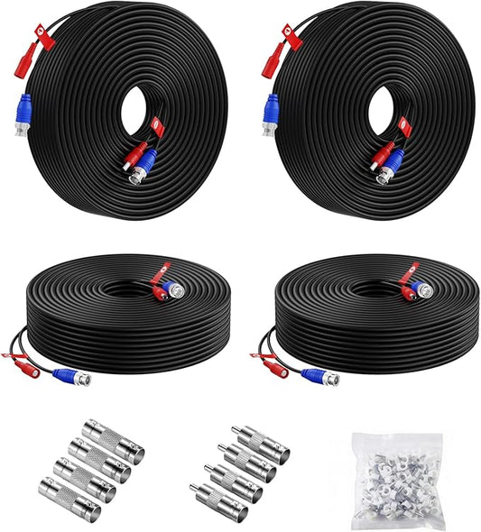 Anlapus 4 Pack 100ft/30m All-in-One Video Power Cable, BNC Extension Surveillance Camera Cables for CCTV Security Camera DVR System, with BNC/RCA Connectors & 100pcs Cable Clips