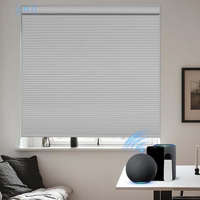 BERISSA Motorized Cellular Shades, Blackout Smart Honeycomb Blinds with Remote Control & Hub, Custom Room Darkening Automatic Cellular Window Blinds for Home Office, Living Room, Door,White
