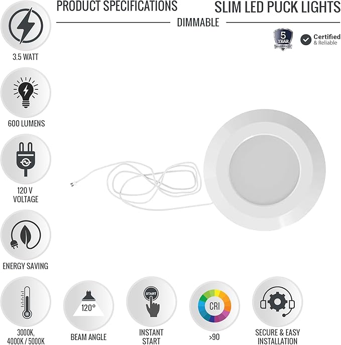 LEDMyplace 3x3.5Watt Slim LED Puck Light with Hand Wave Sensor, 600 Lumens, Dimmable, CCT Changeable 2700K/3300K/4000K for Kitchen, Desk, Counter, Closet, Pack of 4