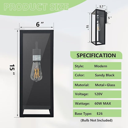 Outdoor Wall Sconce 2 Pack, 15" Outdoor Wall Lights Wall Mount, Matte Black Exterior Lighting Fixtures Anti-Rust Porch Lights with Clear Glass for Front Door, Garage, Entryway