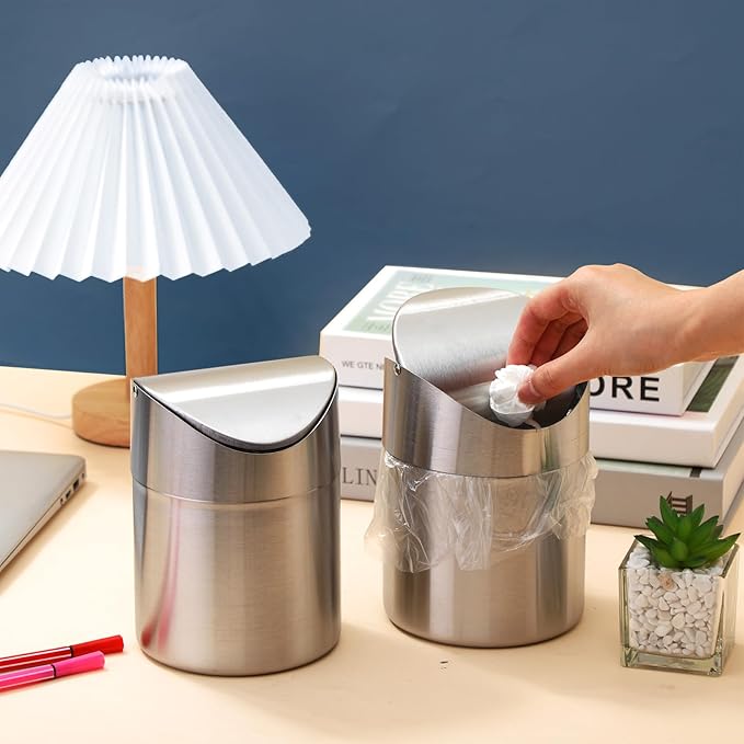 2 Pcs Desk Trash Can with Swing Lids, 12 Rolls of Trash Bags, 2L Brushed Stainless Steel Countertop Garbage Bin Small Wastebasket with Lid for Office Desk, Coffee Table(Silver)