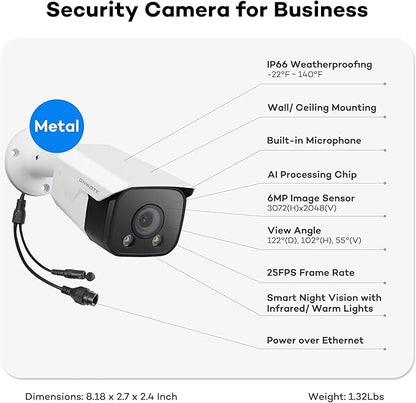 ONWOTE 6MP PoE IP Camera, Smart AI Human Vehicle Detection Activate Bright Spotlights, 122° Wide Viewing Angle, Indoor/Outdoor, Commercial Wired Camera for Business, Add-on to PoE NVR System