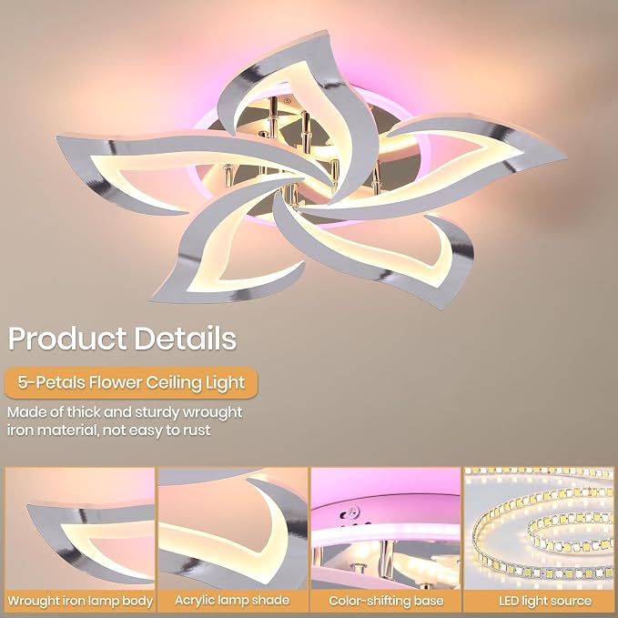 50W Modern LED Ceiling Light, Dimmable Flush Mount Fixture | Modern Flower Design, Remote Control, 3000-6000K Adjustable Light, RGB Ambient Backlight for Bedroom Living Room Dining Room