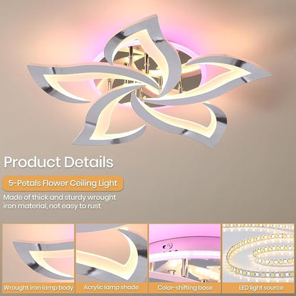 50W Modern LED Ceiling Light, Dimmable Flush Mount Fixture | Modern Flower Design, Remote Control, 3000-6000K Adjustable Light, RGB Ambient Backlight for Bedroom Living Room Dining Room