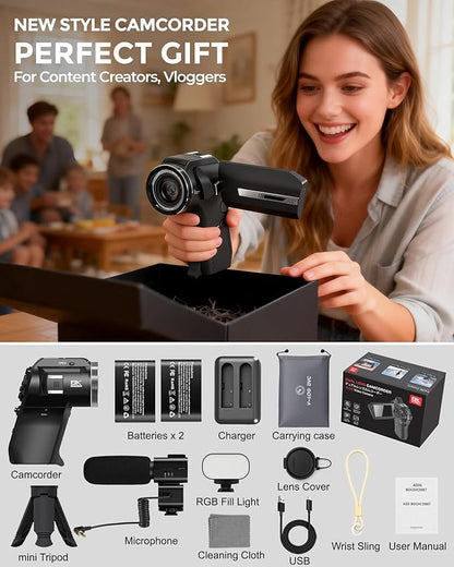 8K Video Camera 75MP Camcorder with WiFi Dual Lens Vlogging Camera for YouTube Rotation Screen Video Recorder with Microphone, Fill Light, Remote Control, mini Tripod, 2 Batteries, Charger