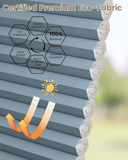 Kincmo Motorized Cellular Shades, Custom Motorized Blinds with Remote, Cordless Smart Electric Honeycomb Blinds Work with Apple HomeKit, Alexa, Google (100%-Blackout-Single-Cell Blue)