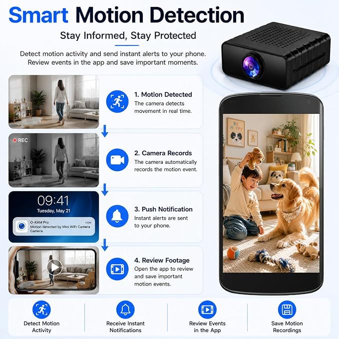 Hidden Camera, HD WiFi Mini Spy Camera with Motion Detection, Night Vision, Instant Alerts, Multi-User Sharing, Supports 128GB Micro SD Card for Home Security & Pet Monitoring