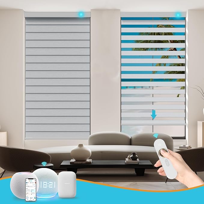 Motorized Zebra Blinds with Remote, Work with HomeKit Alexa, Smart Light Filtering Horizontal Automatic Electric Window Shades for Home Office Customsize（90% Blackout Light Grey）
