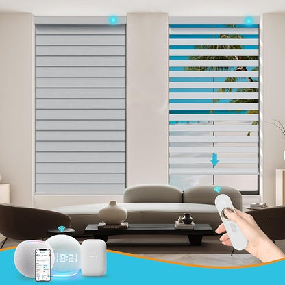 Motorized Zebra Blinds with Remote, Work with HomeKit Alexa, Smart Light Filtering Horizontal Automatic Electric Window Shades for Home Office Customsize（90% Blackout Light Grey）