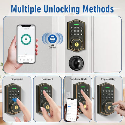 Fingerprint Smart Locks for Front Door with Handle Set,Smart Locks for Front Door,Keyless Entry Keypad Deadbolt, App Control,with 2 Knob,Anti-Peek Password,Easy Install,Auto Lock,Satin Nickel