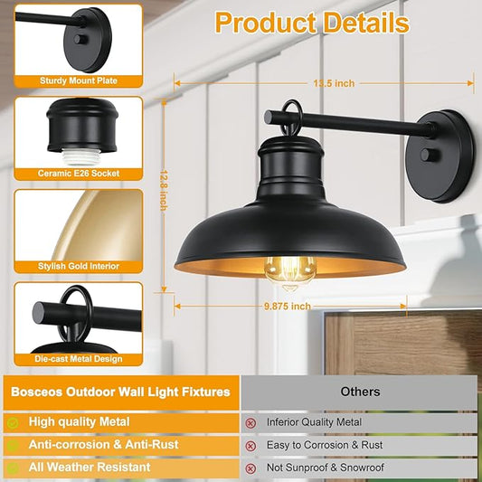 Outdoor Wall Lights, Black and Gold Indoor Outdoor Barn Lights with E26 Socket, Anti-Rust Waterproof Exterior Lighting Fixtures for House Patio Porch Doorway(2 Pack)