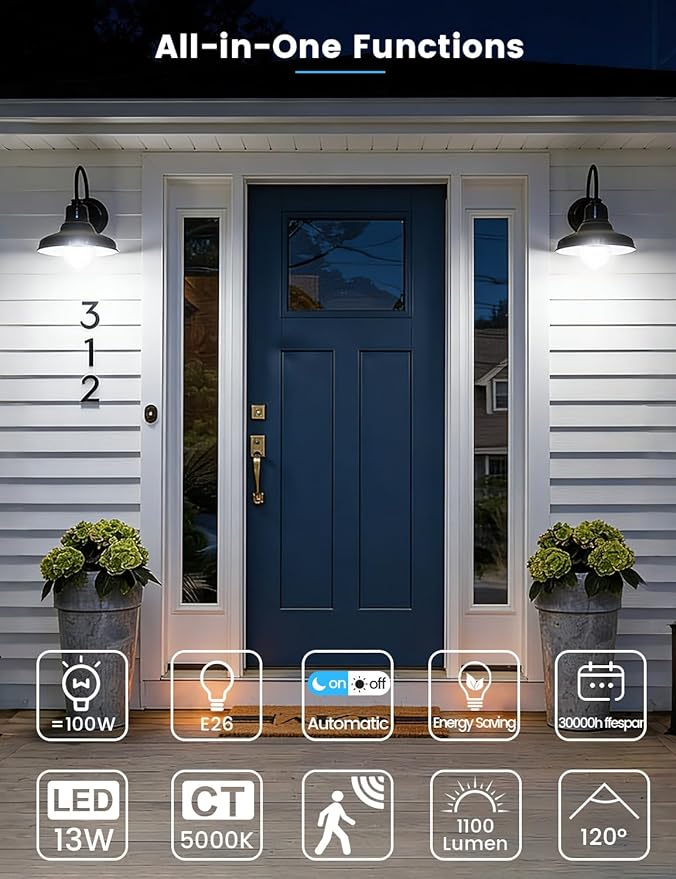 MikeWin Motion Sensor Light Bulbs Outdoor 4 Packs 13W(100W Equivalent) Security LED Bulb, Indoor E26, A19, 5000K Daylight Dusk to Dawn Bulb for Garage Front Door Porch Stairs Hallway