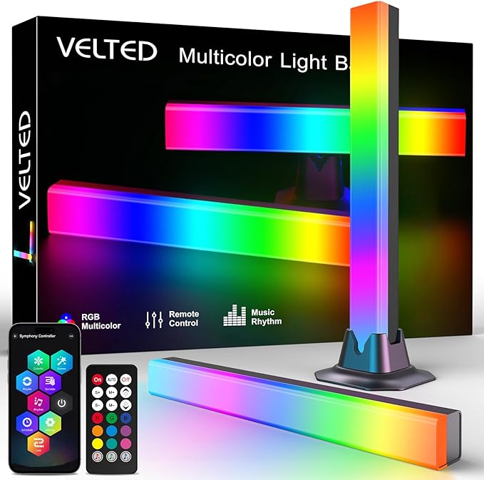 velted RGB Light Bar, Smart Music Sync RGB IC LED Lights Bars, USB Powered Ambient Lighting, Remote Control Color Changing Gaming TV Backlight, for PC Room Monitor Desk