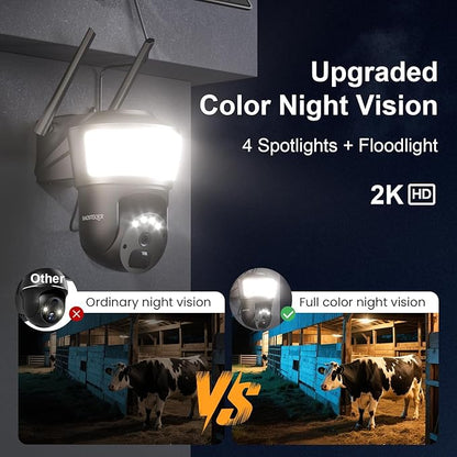 4G LTE Cellular Solar Security Camera Wireless Outdoor, No WiFi Security Camera with Powerful Spotlight, Free Cloud Storage(Need Apply), 2K Cameras for Home Security, PTZ 360° View for Farm Ranch RV