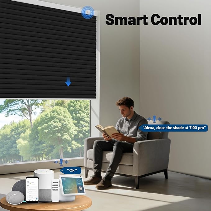 Motorized Cellular Shades with Remote, Blackout Smart Cellular Shades Compatible with Alexa, Cordless Honeycomb Window Blinds for Bedroom Home Office, Custom Size, Blackout Black