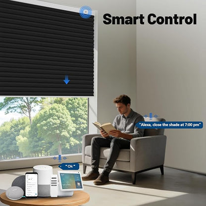 Motorized Cellular Shades with Remote, Blackout Smart Cellular Shades Compatible with Alexa, Cordless Honeycomb Window Blinds for Bedroom Home Office, Custom Size, Blackout Black