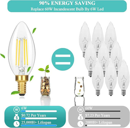 24 Packs E12 Candelabra LED Light Bulbs 60 Watt Equivalent, 5000K Daylight White 6W 630LM Dimmable Chandelier Light Bulb, Vintage LED Filament Clear Glass Candle Light Bulbs, 90+ CRI, No Flicker