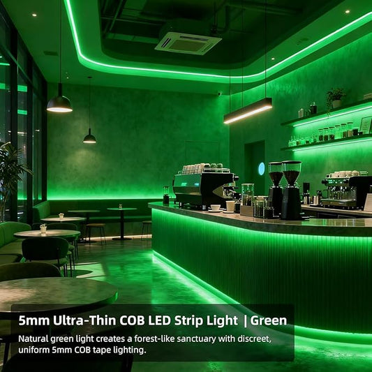 24V COB LED Strip Green Color 5mm LED Light Bar Tape, High Bright Dotless Dimmable Flexible LED Ribbon, IP30 5m 16.4FT for Party House Indoor Christmas Decor (Without Power Supply)