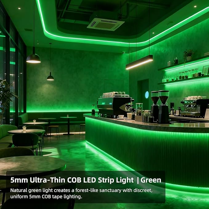 COB LED Strip Light, 16.4FT 12V Green Narrow Width 5mm Super Bright CRI 90+ Dotless LED Tape Light, 400LEDs/M Cuttable Flexible Dimmable Light Strip for Christmas Indoor Home Decor (No Power Supply)