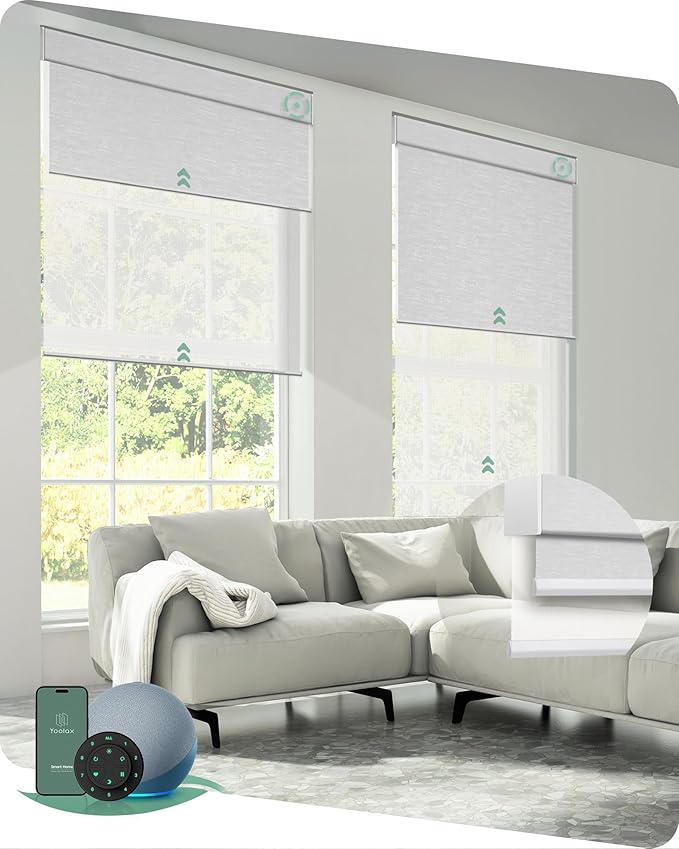 Yoolax Smart Dual Roller Shades, Motorized Blinds with Remote Smart Blinds Compatible with Alexa, Automatic Dual Shades for Windows Bedroom (Jacquard White & 5% Openness White)