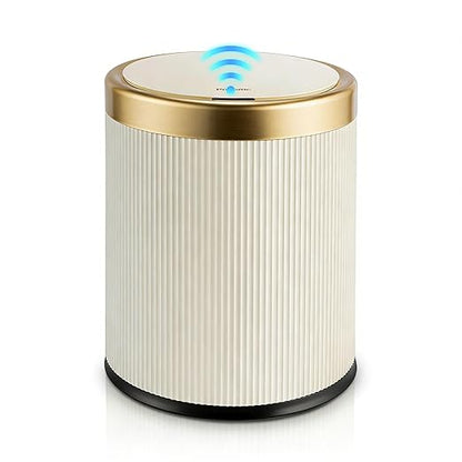 Pukomc Bathroom Trash Can with Lid，3.5 Gallon Motion Sensor Waterproof Touchless Garbage Can, Smart Plastic Trash Bins Suitable for Kitchen, Bathroom, Bedroom, Living Room, Office Beige