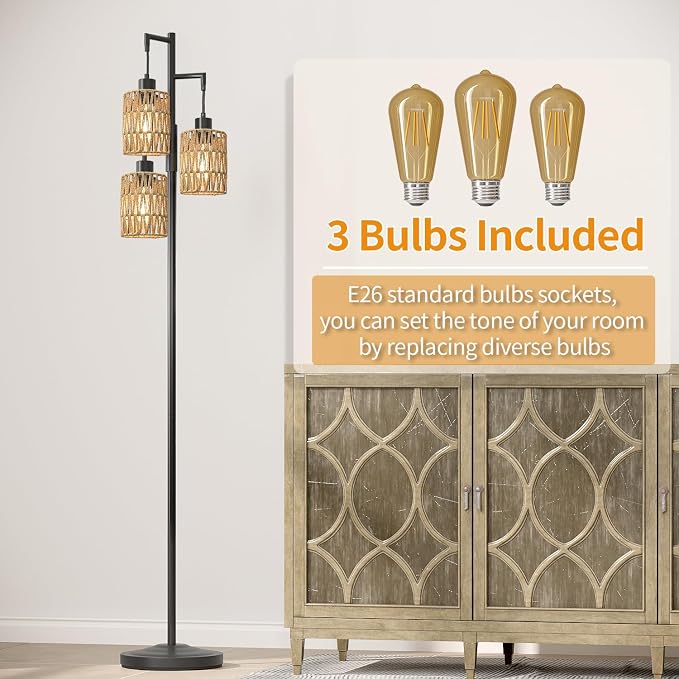 Oneach 70" Floor Lamps for Living Room, Stepless Dimmable Boho Floor Lamp with 3 Bulbs, Tall Farmhouse Industrial Corner Standing Tree Lamp for Bedroom, Office, Study Room, Dining Room, Black