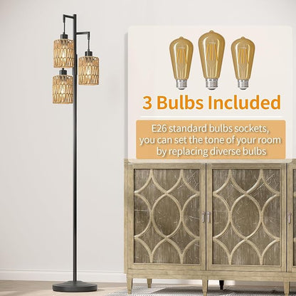 Oneach 70" Floor Lamps for Living Room, Stepless Dimmable Boho Floor Lamp with 3 Bulbs, Tall Farmhouse Industrial Corner Standing Tree Lamp for Bedroom, Office, Study Room, Dining Room, Black