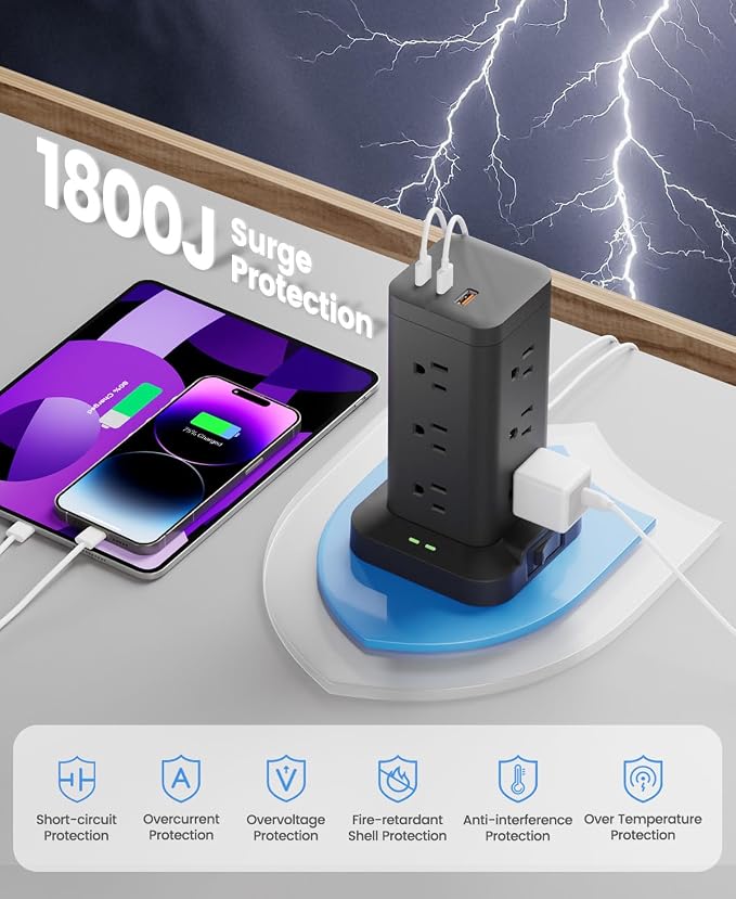 Power Strip Tower with Surge Protector 1800J, Fast Charging Tower PD20W USB-C Ports with 12 AC Outlets, Extension Cord for Home Office Dorm Room, 9.8ft, Black
