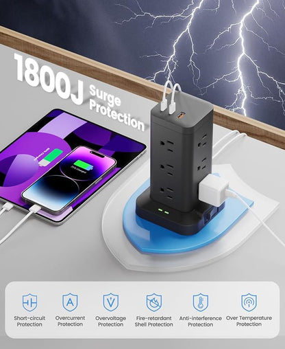 Power Strip Tower with Surge Protector 1800J, Fast Charging Tower PD20W USB-C Ports with 12 AC Outlets, Extension Cord for Home Office Dorm Room, 9.8ft, Black
