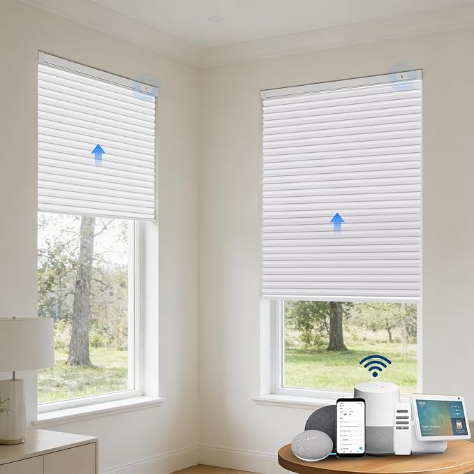 Motorized Cellular Shades with Remote, Blackout Smart Cellular Shades Compatible with Alexa, Cordless Honeycomb Window Blinds for Bedroom Home Office, Custom Size, Blackout Pearl