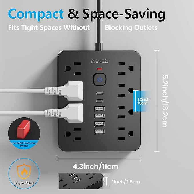 Surge Protector Power Strip, 8 Outlets(1850W/15A/14AWG), 6 USB Charging Ports(2 USB C), 6FT Flat Plug Extension Cord Outlet Extender with Overload Protection, ETL Certified for Office