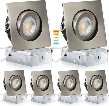 KnLnny Ware Brushed Nickel Square Recessed Lights 4 inch 6 Pack,Gimbal Recessed Lights with Junction Box,dimmable, 5CCT Selectable,9W 750LM