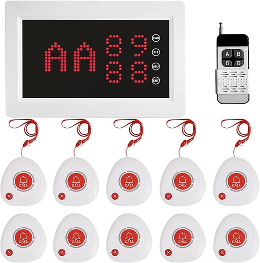 Wireless Caregiver Pager Nursing Calling System Elderly Alarm with 1 Display Receiver and 10 Waterproof 2 Key Call Buttons for Nursing Home Clinic (10 M2 Call Buttons)