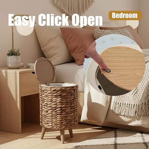 Yatmung 2.3 Gallon Wicker Trash Can - Boho Bathroom Trash Can with Lid - Natural Water Hyacinth Waste Basket for Bedroom, Living Room, Office - Removable Liner - Rattan Garbage Can with Wooden Leg