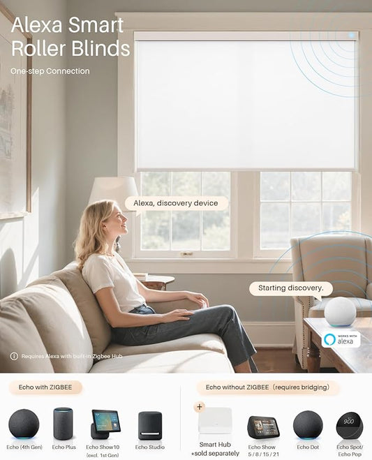 Smart Roller Shades for Windows, Alexa Blackout Motorized Blinds with Remote Control, Easy Install Automatic Electric Blinds for Indoor (37" W x 72" H, White)
