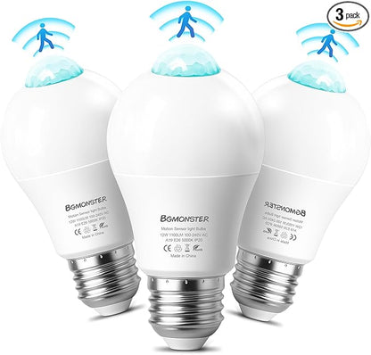 3 Pack Motion Sensor Light Bulbs, 12W(100W Equivalent) Motion Detector Light Bulb, Dusk to Dawn E26 Led Emergency Lightbulbs Indoor Outdoor for Porch Garage Hallway