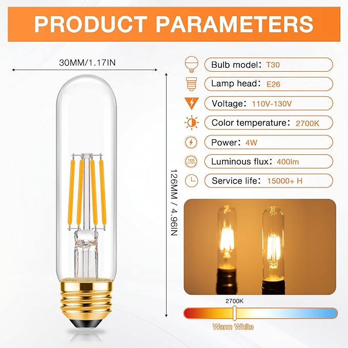ToBeGreat T30 Light Bulbs 4 Watt Equivalent 40W Bulb E26 Tubular Bulbs T10 LED Bulb Warm White 2700K,Desk Lamp,Bedbroom Bathroom,6 Pack