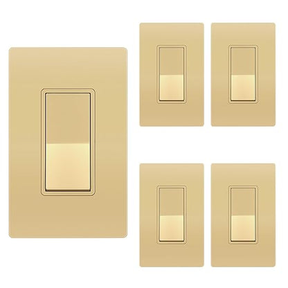 ENERLITES Elite Series Decorator Switch with Screwless Wall Plate, Paddle Light Switch, Single Pole, 3 Wire, Grounding Screw, Residential Grade, 15A 120V, UL Listed, 91150-GDWP5P, Gold Color (5 Pack)