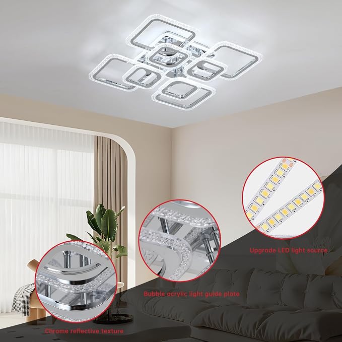 Modern Bedroom & Kitchen Ceiling Light, 80W Dimmable LED, 8 Squares, 3000-6000K, Chrome