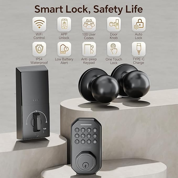 Ulecoce Keyless Entry Door Lock Set WiFi Smart App Control Door Lock for Front Door Keypad Deadbolt with 2 Knobs Auto Lock One Time Codes Easy Install, Black