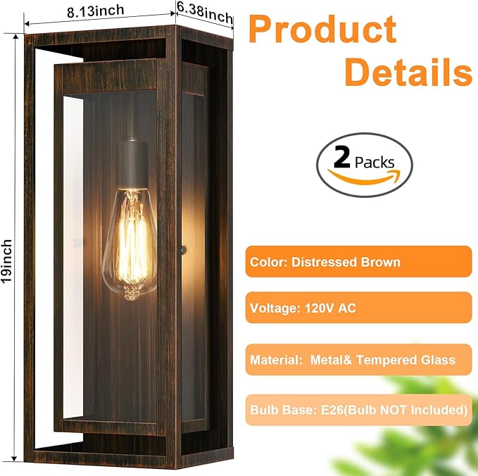 19" Outdoor Wall Lights, 2 Pack Large Size Antique Outdoor Sconce Lights with Clear Glass Shade, Waterproof Porch Lighting Exterior Light Fixture for Front Door, Garage