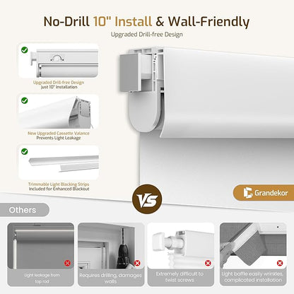 Grandekor No-Drill No Tools Motorized Blinds with Remote | Electric Blackout Smart Roller Shade/APP/Voice Control-for Home Office, Living Room, Customize Color Size